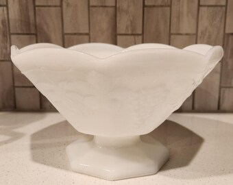 Vintage Anchor Hocking White Milk Glass Fruit Bowl Grapes Pedestal Centerpiece