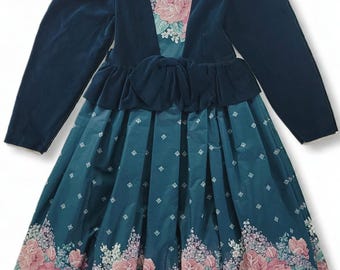 Vintage 90s Daisy Kingdom Size 12 Cottagecore Velvet Floral Puff Sleeve Dress
