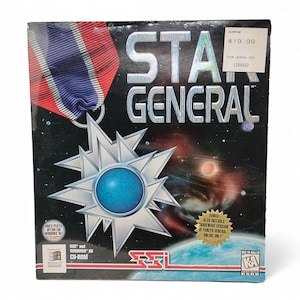 May include: A Star General CD-ROM game box for DOS and Windows 95. The cover features a silver star-shaped medal with a blue center, a red, white, and blue ribbon, and a space background. It includes a price tag and a gold star-shaped bonus sticker.