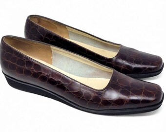 Salvatore Ferragamo Size 10 US 2A Croc Embossed Leather Wedge Loafer Shoes Italy