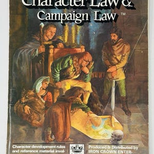 May include: A vintage book cover for "Character Law & Campaign Law", with a fantasy illustration of medieval figures. The image shows people around a map and a skull. The cover includes text about character development rules and reference material.