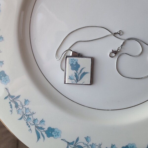 Broken China plate pendant necklace - floral statement jewelry made from dishes - stainless steel chain