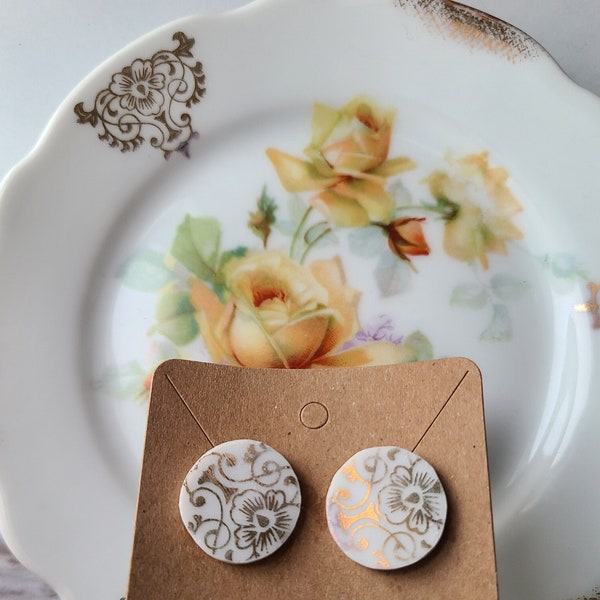 Ornate gold pattern broken china plate earrings - statement jewelry from dishes - stainless steel post earrings