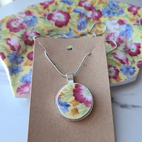 Broken China Pendant Necklace - Floral statement jewelry made from dishes - stainless steel chain Necklace