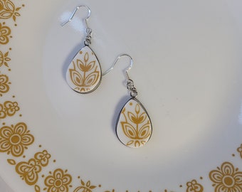 Broken China plate dangle earrings - statement jewelry made from dishes - Tear drop gold butterfly Corelle dishes - vintage and nostalgic