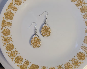 Broken China plate dangle earrings - statement jewelry made from dishes - Tear drop gold butterfly Corelle dishes - vintage and nostalgic