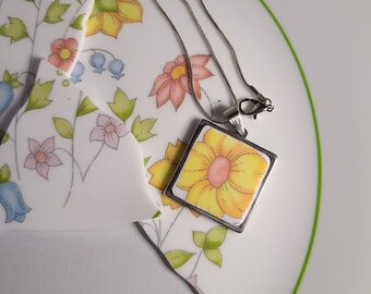 Broken China plate pendant necklace - statement jewelry made from dishes - corelle spring meadow vintage plate - stainless steel chain