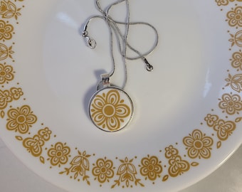 Broken China plate pendant necklace - Gold butterfly Corelle dishes - statement jewelry made from plates - stainless steel chain