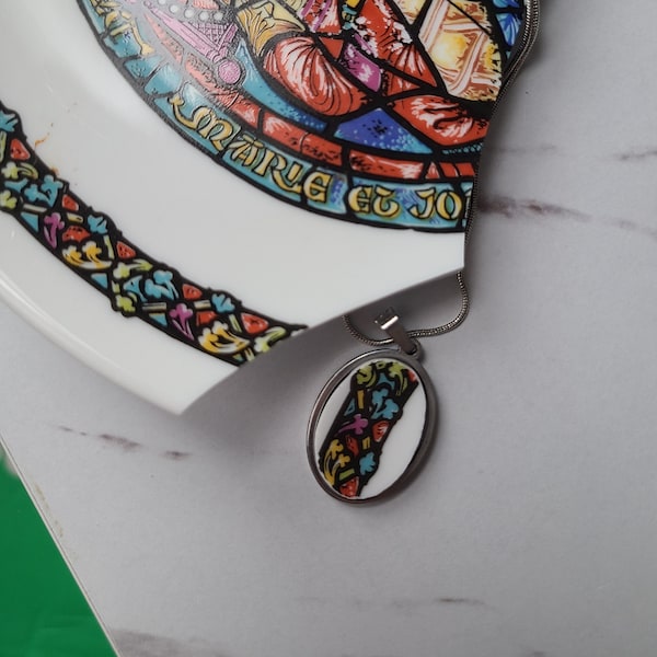 Stained Glass Pattern Broken China plate pendant necklace - statement jewelry made from dishes - stainless steel chain