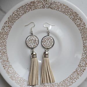 Woodland Corelle Plate Earrings: Brown China Dangles, Suede Tassels