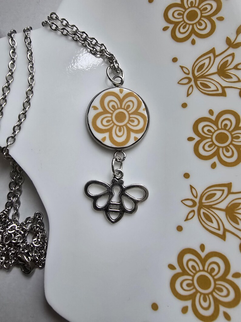 Broken China Plate Pendant Necklace Gold Butterfly Corelle Dishes
