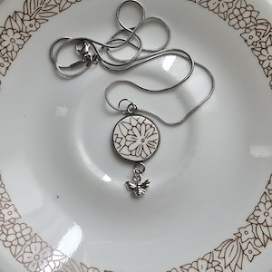 Broken China Plate Pendant Necklace: Corelle Woodland, Bee Charm