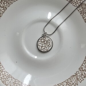 Broken China Plate Pendant Necklace: Corelle Woodland Floral, Stainless Steel