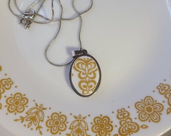 Corelle Butterfly Gold Broken China plate pendant necklace - statement jewelry made from dishes - Corelle - stainless steel chain - vintage
