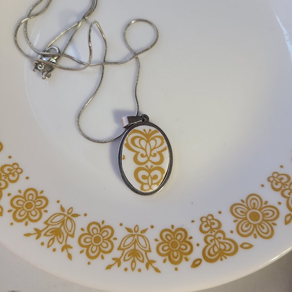 Corelle Butterfly Gold Broken China plate pendant necklace - statement jewelry made from dishes - Corelle - stainless steel chain - vintage
