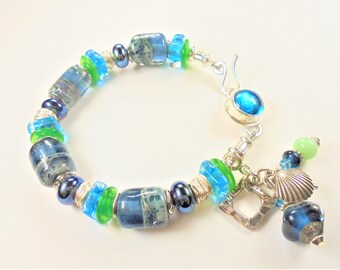 7 3/4" ~ Blue / Aqua Blue / Lime Green Lampwork Glass and Sterling Silver Beaded Bracelet ~ Handmade Art-Glass Beads ~ Rustic Beach Jewelry