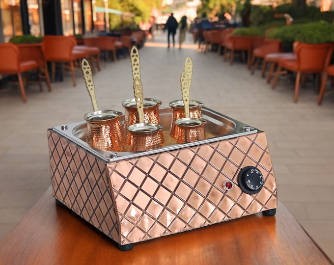 Copper Turkish Heating Sand Coffee Maker Medium Rec Rhombus Design Machine 110 ~ 230 Volt With Coffee Pots Set