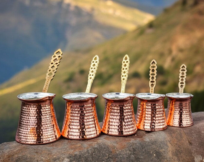 Traditional Copper Turkish Coffee Pot Cezve Five Size Ottoman Hand Hammered With Tin Coated