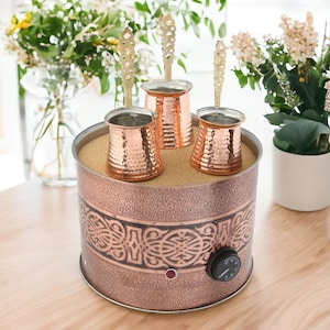 Traditional Copper Turkish Heating Sand Coffee Maker Circle Medium Geometrical Design With Three Pots Set - Machine 110 ~ 230 Volt