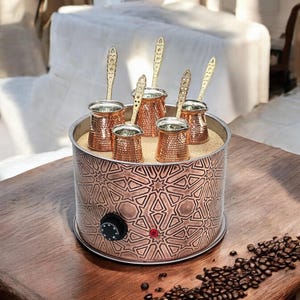 Traditional Copper Turkish Heating Sand Coffee Maker Big Round Geometrical Design Machine 110 ~ 230 Volt With Pot Set (5 Sizes)