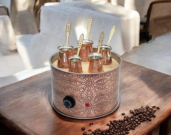 Traditional Copper Turkish Heating Sand Coffee Maker Big Round Geometrical Design Machine 110 ~ 230 Volt With Pot Set (5 Sizes)