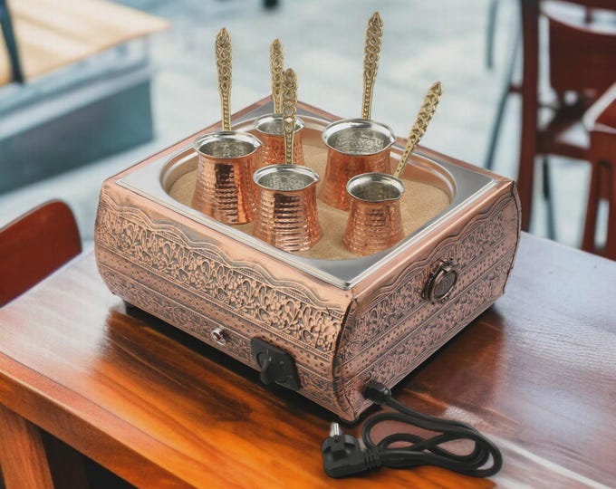 Copper Turkish Sand Coffee Maker Heating Machine Medium Rec Vintage Pattern Design Machine With Five Hammered Pot (110 ~ 220) Volt