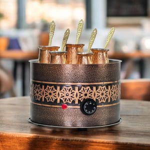 Traditional Copper Turkish Heating Sand Coffee Maker Big Round Trend Design Machine 110 ~ 230 Volt With Pot Set (5 Cezve Sizes)