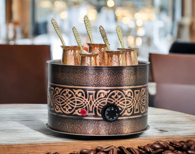 Traditional Copper Turkish Heating Sand Coffee Maker Big Round Ottoman Design Machine 110 ~ 230 Volt With Pot Set (5 Sizes)