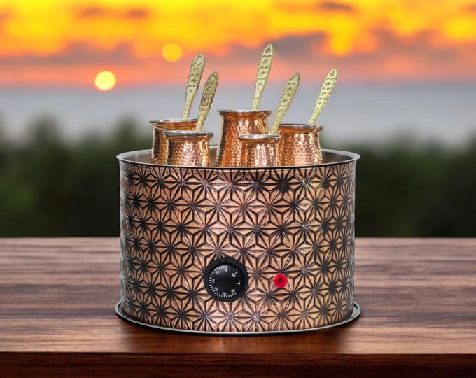 Traditional Copper Turkish Heating Sand Coffee Maker Big Round Star Design Machine 110 ~ 230 Volt With Pot Set (5 Sizes)