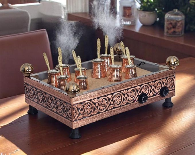Traditional Copper Turkish Heating Orginal Sand Coffee Maker Large Rectangle Flower Design Machine 110 ~ 230 Volt With Two Set Coffee Pots