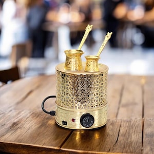 Gold Color Traditional Copper Turkish Heating Sand Coffee Maker Circle Medium Lazer With Decorative Light Inside - Machine 110 ~ 230 Volt