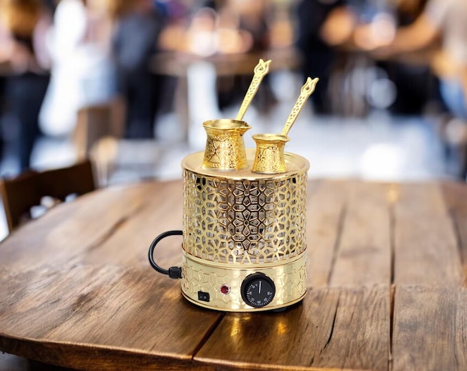 Gold Color Traditional Copper Turkish Heating Sand Coffee Maker Circle Medium Lazer With Decorative Light Inside - Machine 110 ~ 230 Volt