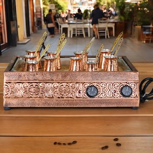 Traditional Copper Turkish Heating Orginal Sand Coffee Maker XLarge Rectangle Geometrical Des Machine 110~ 230 Volt With Two Set Coffee Pots