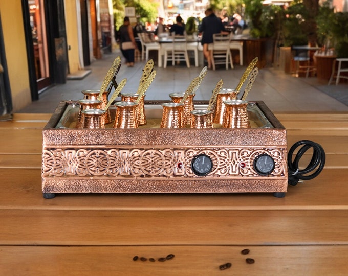 Traditional Copper Turkish Heating Orginal Sand Coffee Maker XLarge Rectangle Geometrical Des Machine 110~ 230 Volt With Two Set Coffee Pots