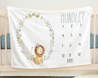 Boy Lion With Crown Jungle Personalized Milestone Baby Blanket