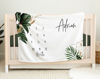 Personalized Tropical Leaves Baby Milestone Blanket, Monthly Photo Prop, Simple
