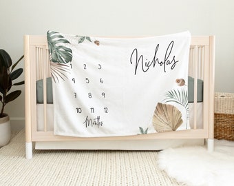 Brown Green Foliage Tropical Milestone Blanket, Palm Leaf Blanket, Personalized Baby Blanket, Track Growth, Baby Shower Gift, Boy or Girl