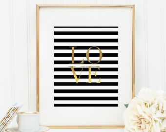DIGITAL ARTWORK Gold Love With Black White Stripes Wall Art, Dorm Decor, Hug And Kisses, Printable, Wall Decor, Teen Room Print