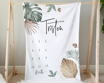 Vertical Brown Green Foliage Tropical Milestone Blanket, Palm Leaf Blanket, Personalized Baby Blanket, Track Growth, Baby Shower Gift