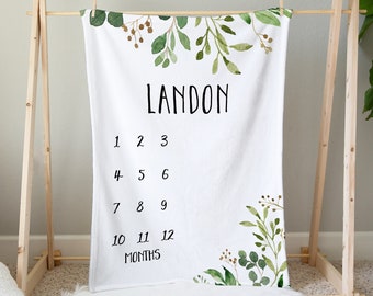 Green Leave Branches Brown Berries Milestone Baby Blanket, Baby Shower Gift, Gender Neutral