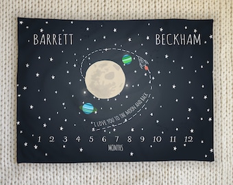 TWIN Baby Outer Space Planets Milestone Blanket, Love You To The Moon And Back, Newborn Twin GiftSolar System Blanket For Twins