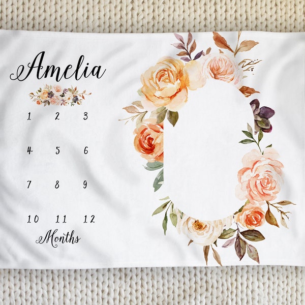 Earth Tone Roses Personalized Baby Milestone Blanket, Baby Girl, Brown, Rustic, Coral, Dusty Pink, Monthly Flower Milestone Blanket