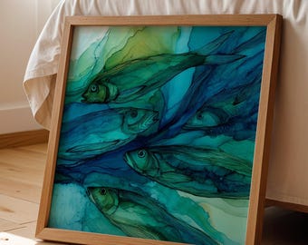 Fish Art Print Colourful Coastal Wall Decor Ocean Acrylic Ink Watercolour Painting Sea Life Tropical Blue Marine Abstract Poster Bathroom