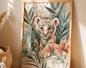 Baby Tiger Art Print Nursery Safari Animal Wall Decor Jungle Theme Safari Baby Room Cute Elephant Painting Zoo Animal Artwork