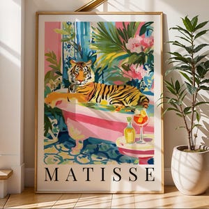 Tiger in Bath Art Print Henri Matisse Wall Art Pink Bathroom Artwork French Gallery Exhibition Poster Mediterranean Decor Fun Wall Art