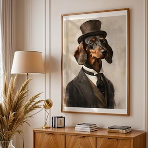Dachshund in Top Hat Art Print Suited Smart Sausage Dog Retro Pet Portrait Wall Decor Mini Doxie  Miniature Wiener Puppy Lover Gift for Home