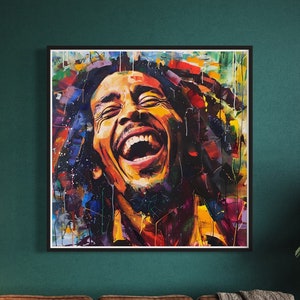 Bob Marley Laughing Art Print Colourful Vibrant Reggae Icon Portrait Painting Music Legend Positive Energy Poster Gift for Music Lover