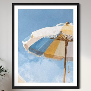 Beach Umbrella Art Print Mediterranean Coastal Artwork Summer Holiday Poster Blue Yellow Striped Parasol Seaside Painting Travel Decor Gift