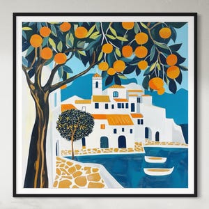 Mediterranean Village Art Print Coastal Orange Tree Wall Art Greece Travel Poster Vibrant Seaside Painting Greek Architecture Landscape