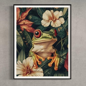 Tree Frog Tropical Art Print Nature Rainforest Animal Decor Exotic Botanical Artwork Wildlife Amphibian Painting Flower Design Home Gift
